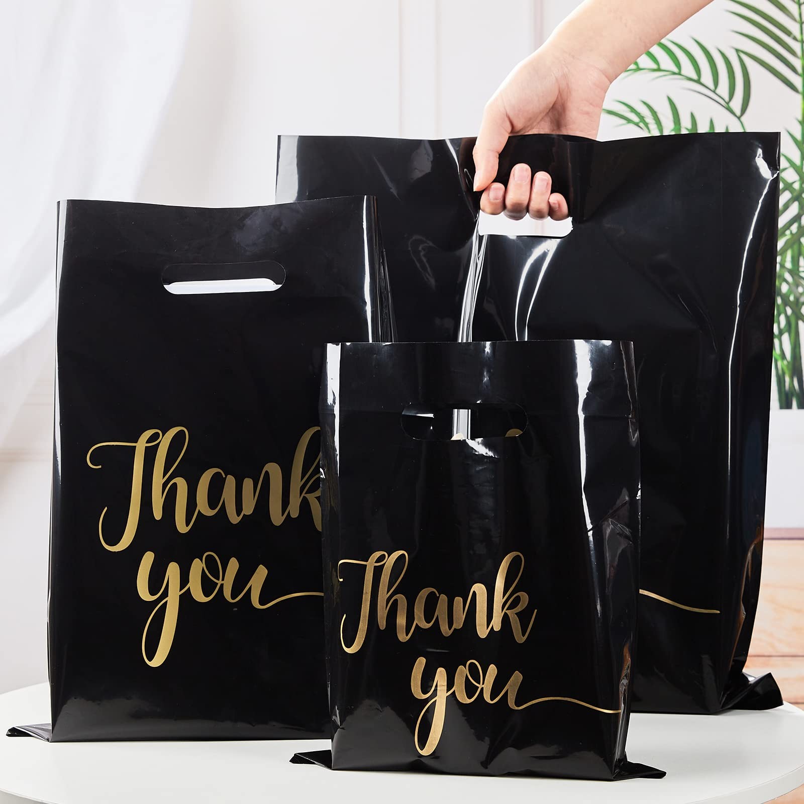 100 Pack Black Thank You Shopping Bags for Small Business – 15″x18″ Extra Thick