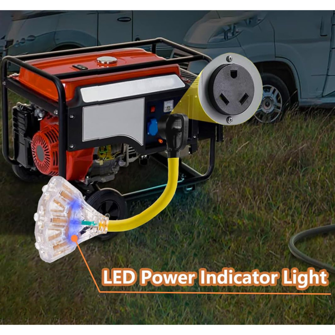 30 Amp to 20 Amp RV Adapter Cord 1FT NEMA TT-30P to 3x 5-20R Lighted Splitter 11