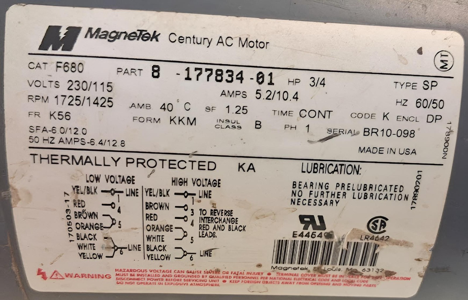 F680 MagneTek 3/4Hp, 1725/1450 Rpm, K56 FR, 115/230 V, Dripproof, split phase