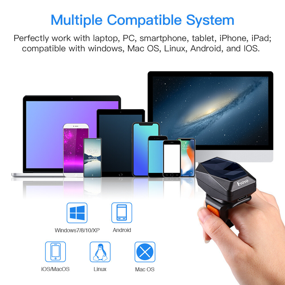 Eyoyo 2D QR Code Ring Barcode Scanner Wireless Reader for POS PC Mac OS Used