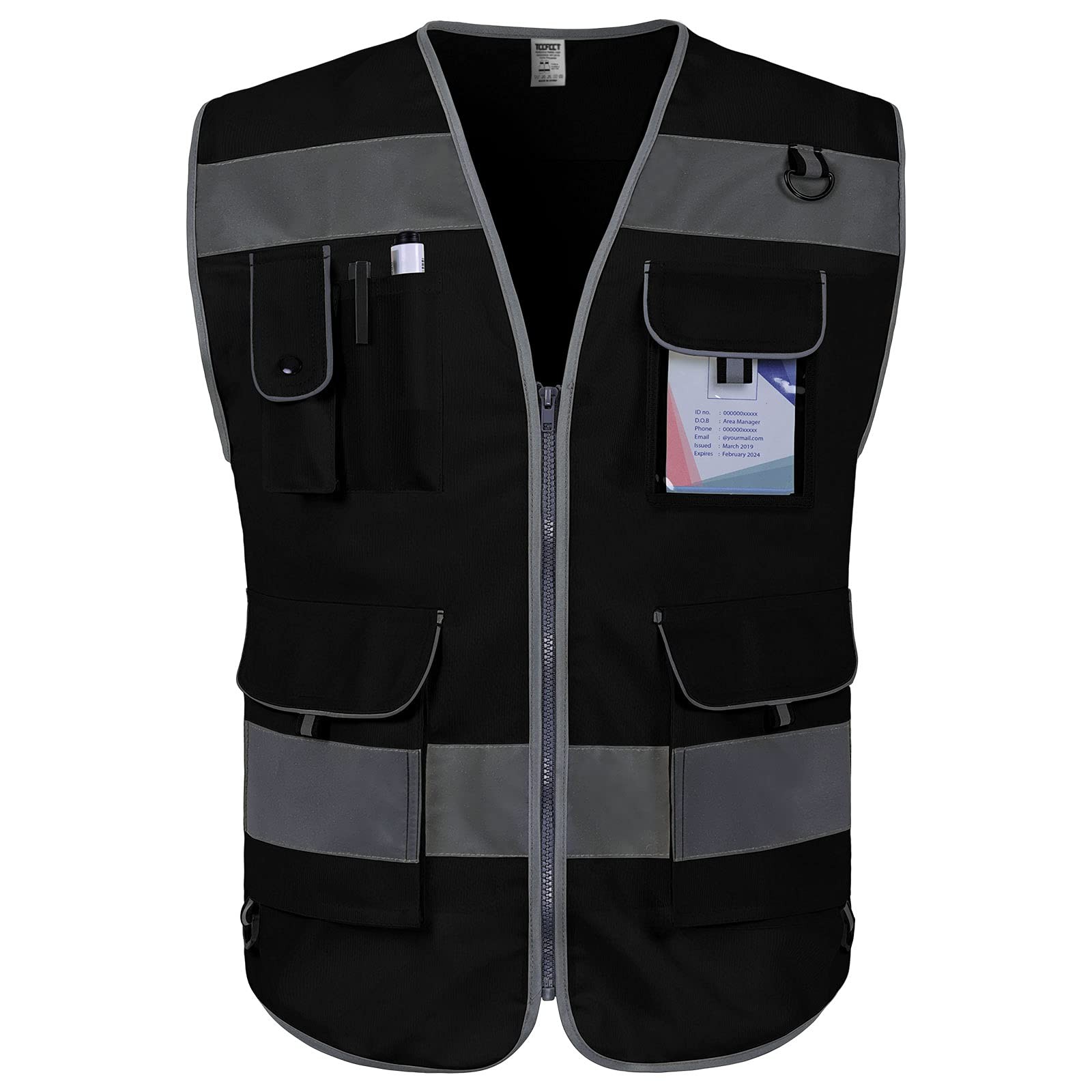 Black Safety Vest for Men Women 9 Pockets High Visibility Reflective Vest for…