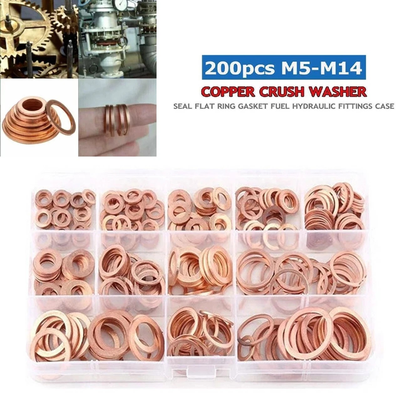 200PCS Assorted Crush Copper Gasket Seal Ring Hardware Set Metal Flat Washer