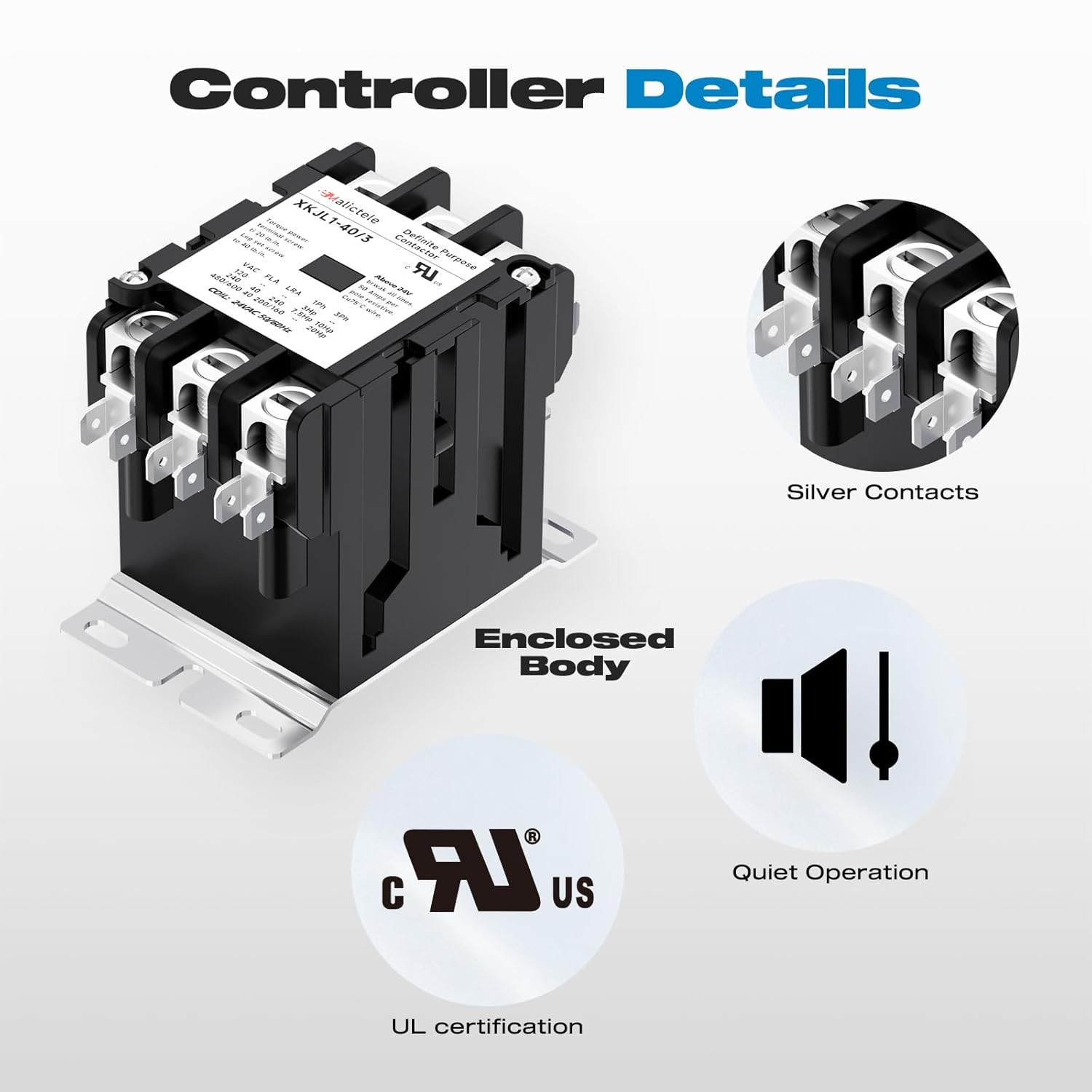 AC Contactor, 3 Pole 40 Amp 24v Coil A2L Compliant Heavy Du Size: 3P 40A 24VAC