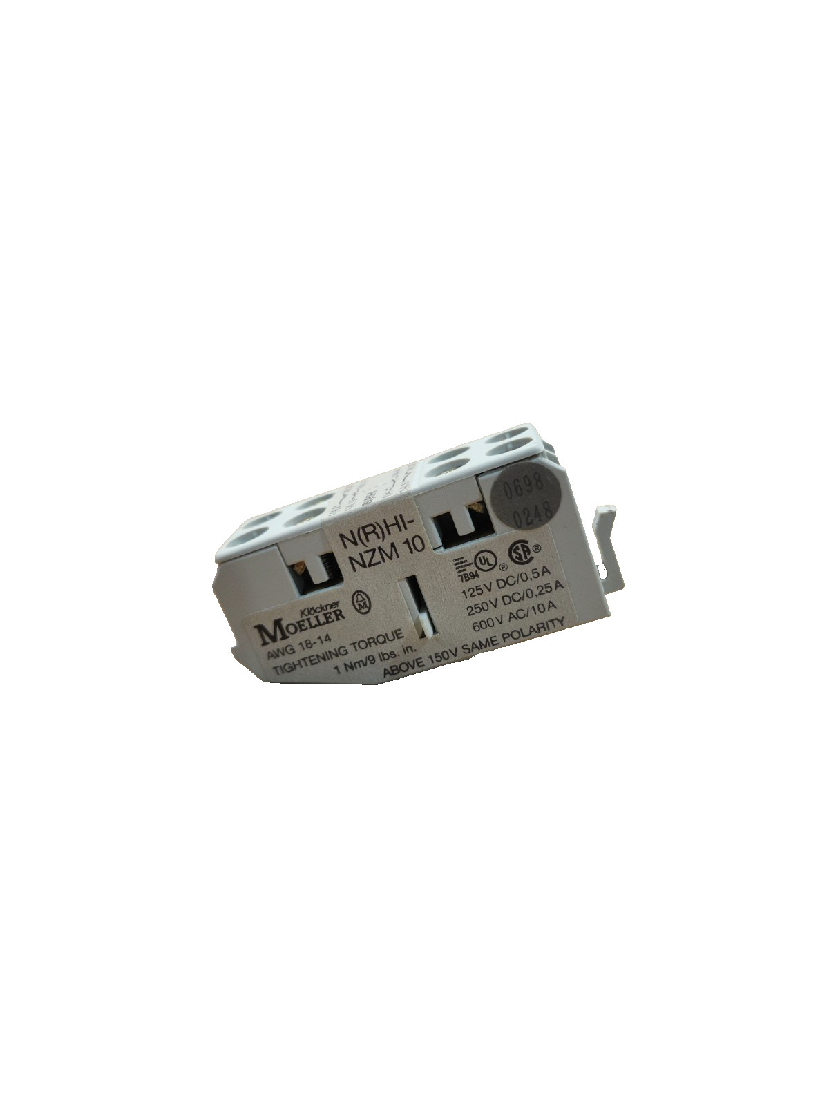 NEW IN BOX MOELLER AUXILIARY CONTACT 6 AMP, 500 VAC, 600 VDC, NHI-NZ10