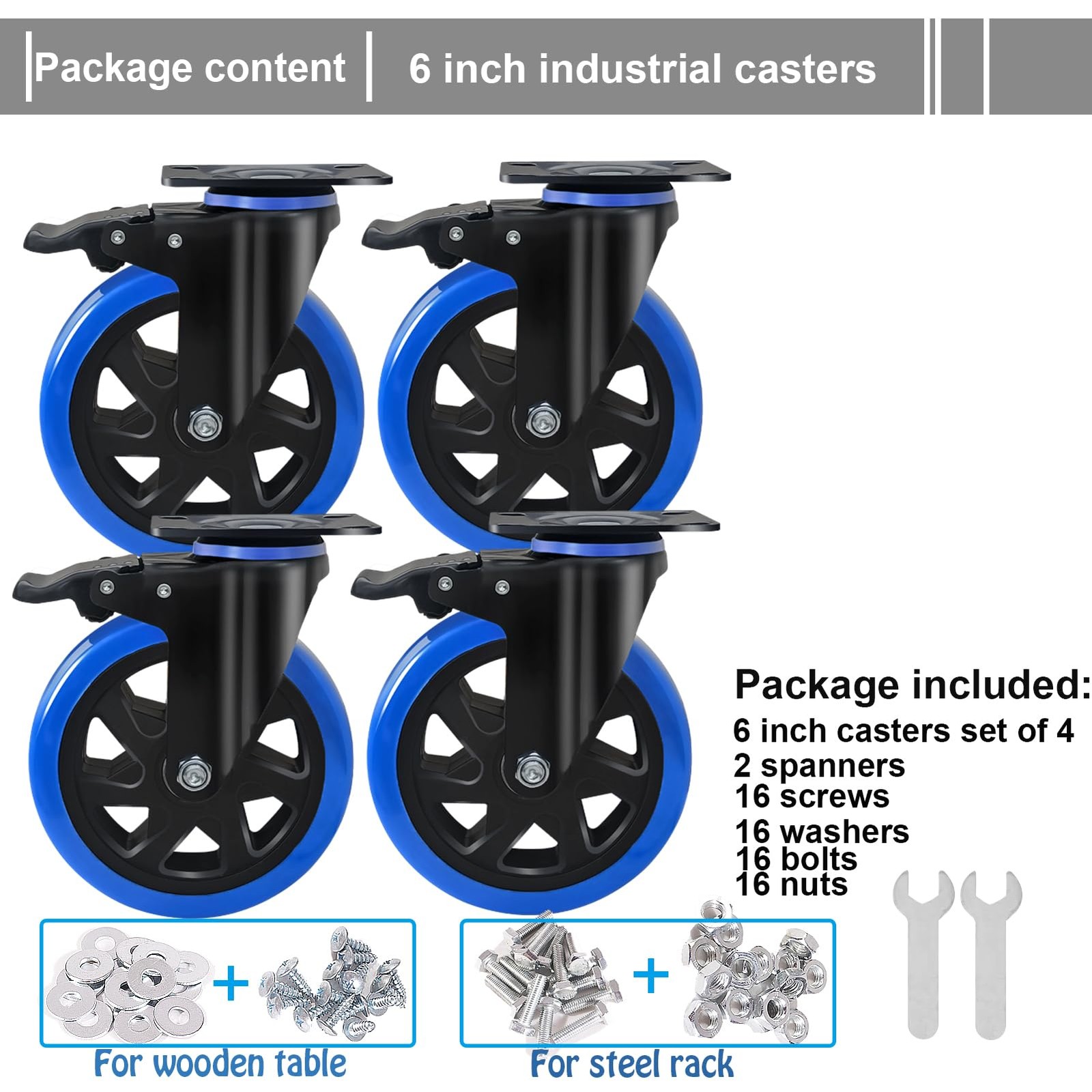 6 Caster Wheels 2800Lbs set of 4 w/ Brake Dual Lock Top Plate