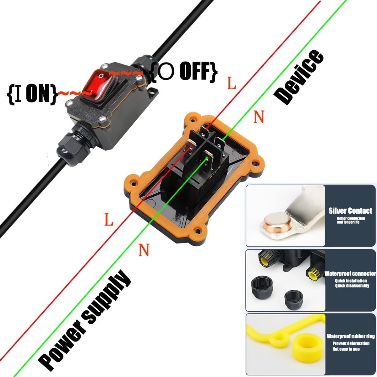 Waterproof Inline Cord Switch,DPST AC 20A-125V,16A-250V On Off Toggle SHIP