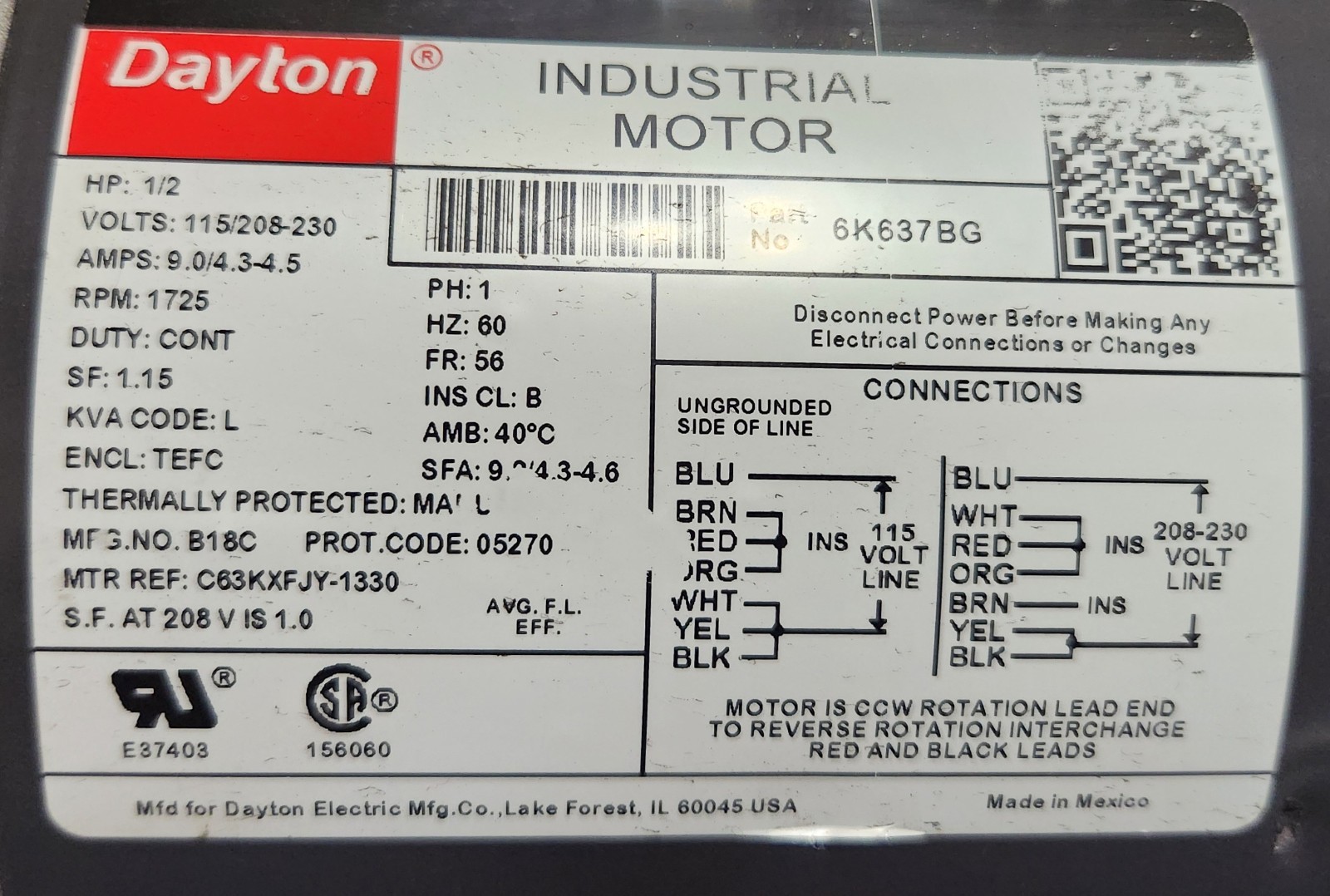 Dayton 6K637BG Industrial Motor 1/2 HP 1725 RPM Frame 56 TEFC 115/208-230V…