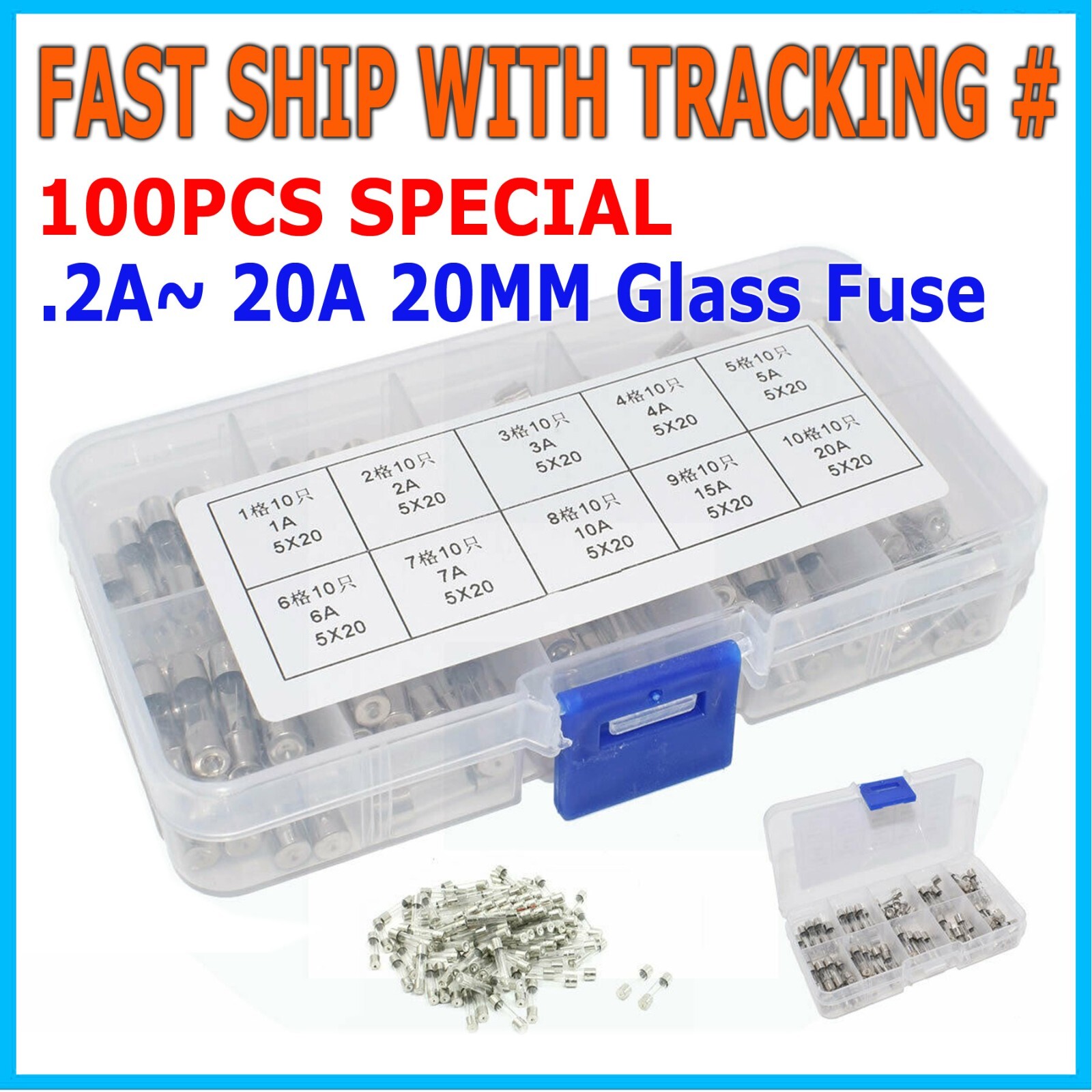 100Pcs 5x20mm Quick Blow Glass Tube Fuse Assorted Kits Fast Action Glass Fuses