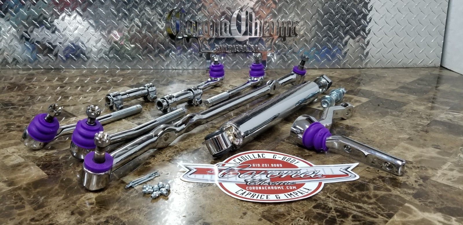 Chrome Steering Linkage Kit with Damper Shock 77-96 Cadillac/Caprice