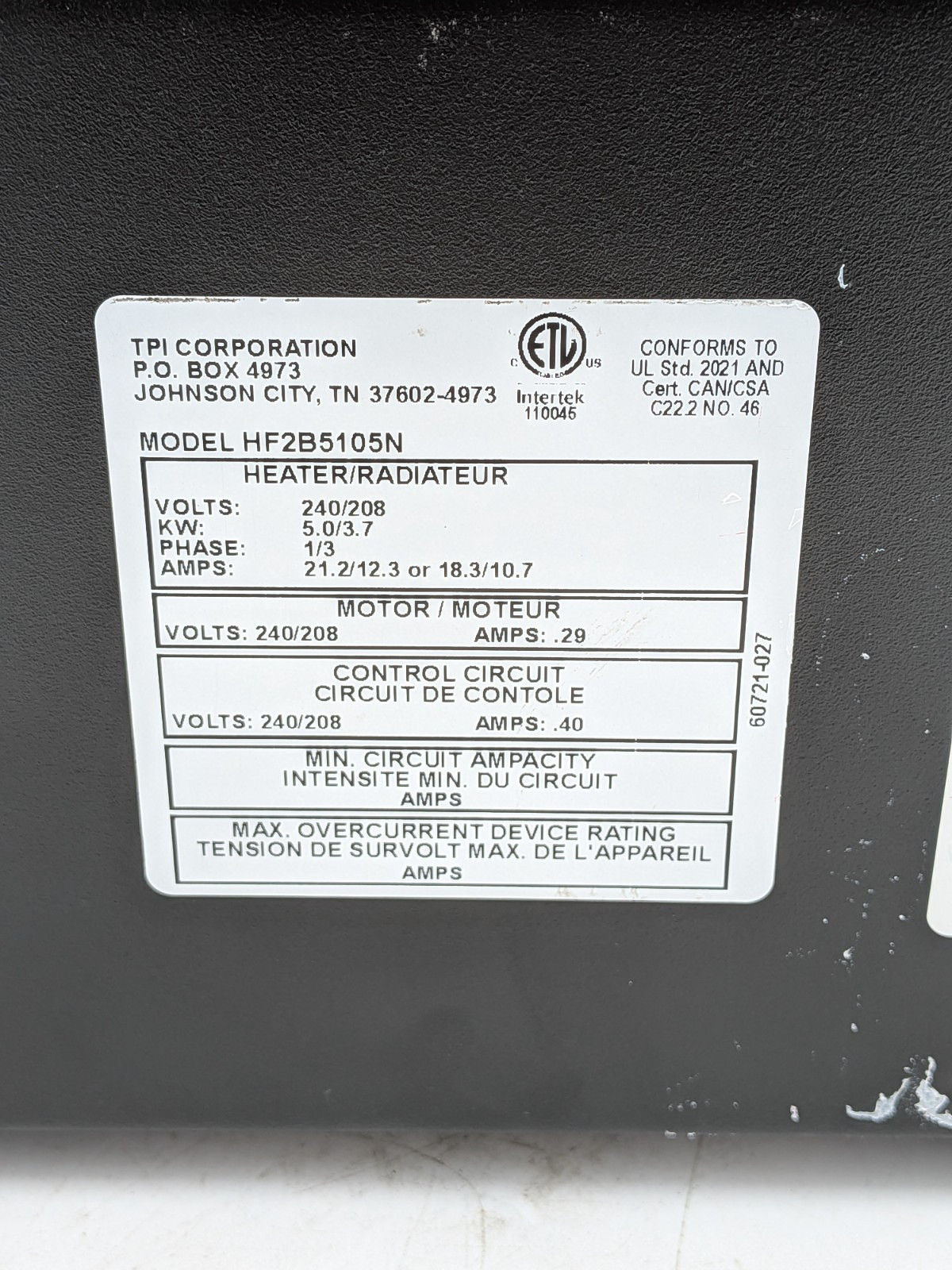 TPI HF2B5105N Taskmaster Electric Unit Heater 208/240V 3700/5000 Watt
