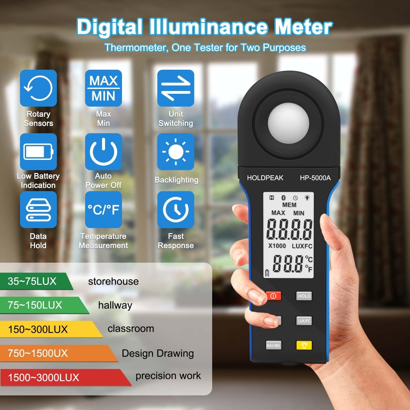 1 Pack HP-5000A Digital Light Meter, 1-400000Lux, LCD, Temp, Lumen, Plants