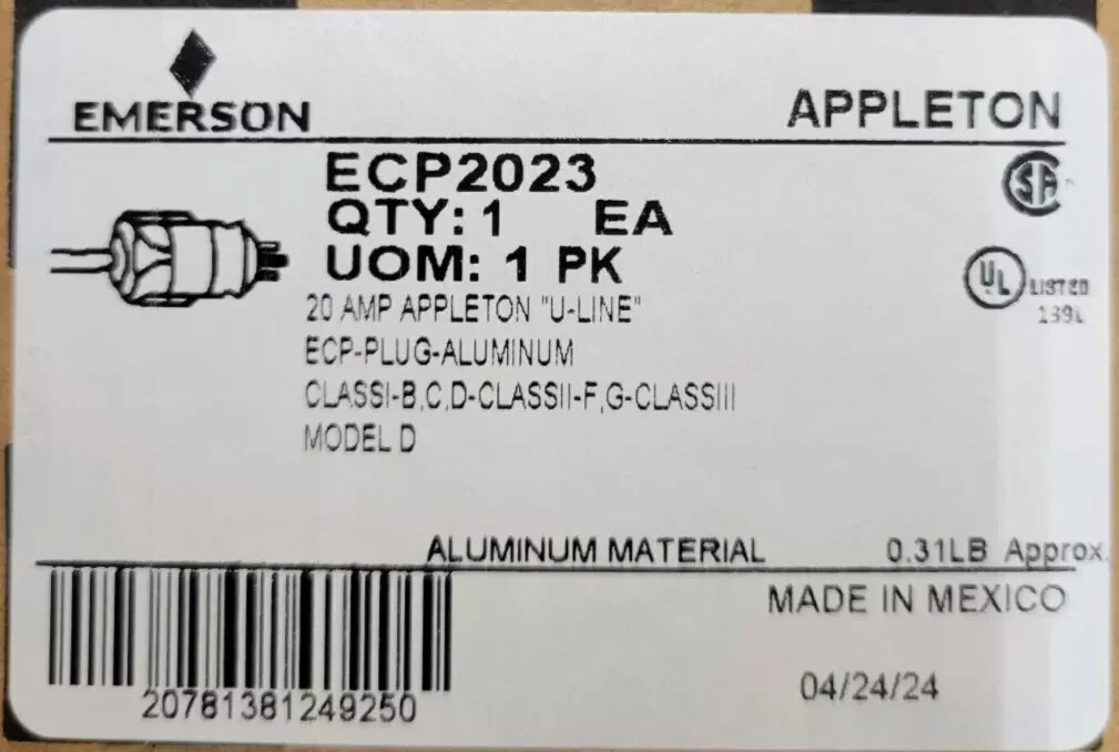 APPLETON ECP2023 125VAC 20A PLUG BRAND NEW IN ORIGINAL BOX