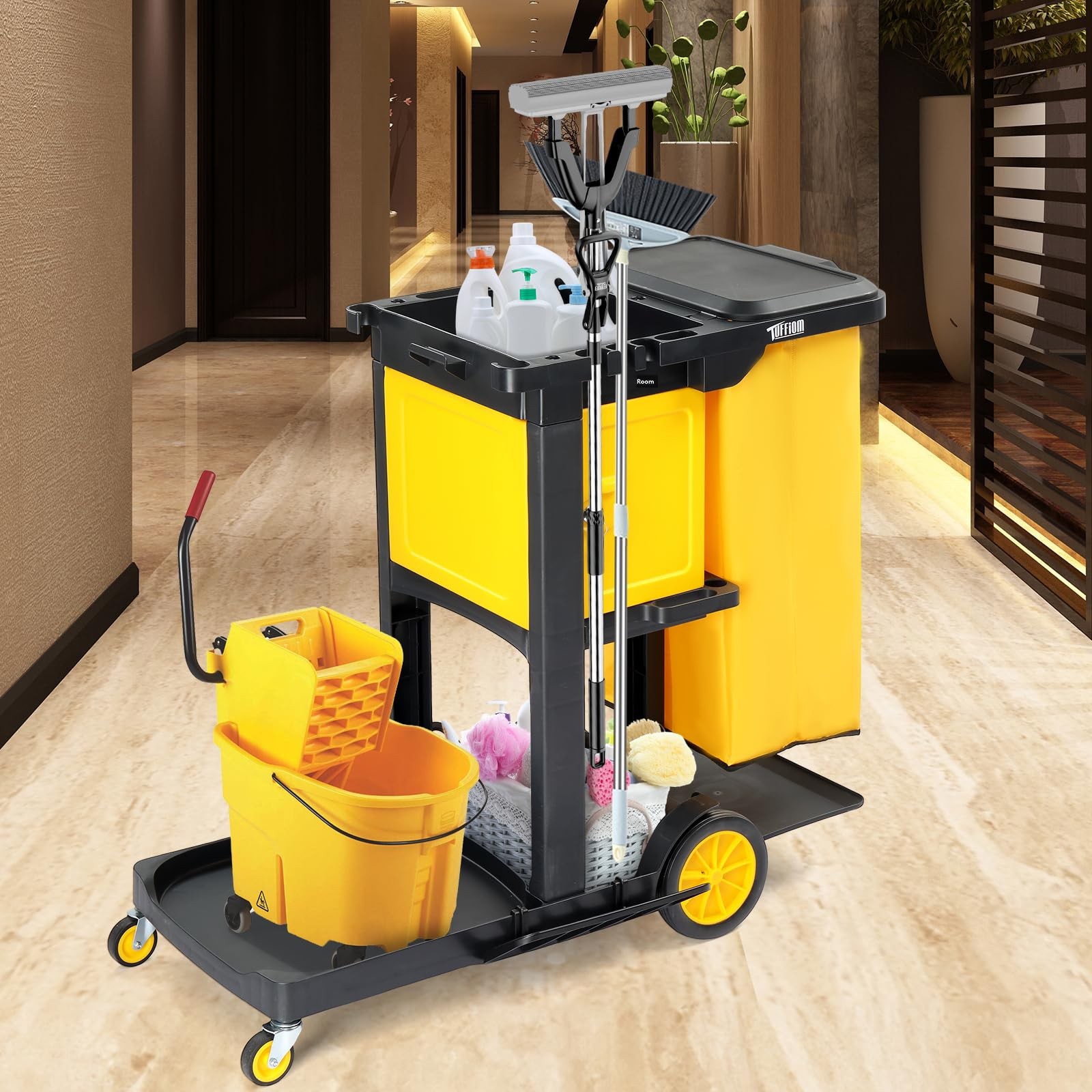 TUFFIOM 3-Shelf Janitorial Cart with Key-Locking Cabinet, Black/Yellow Vinyl Bag