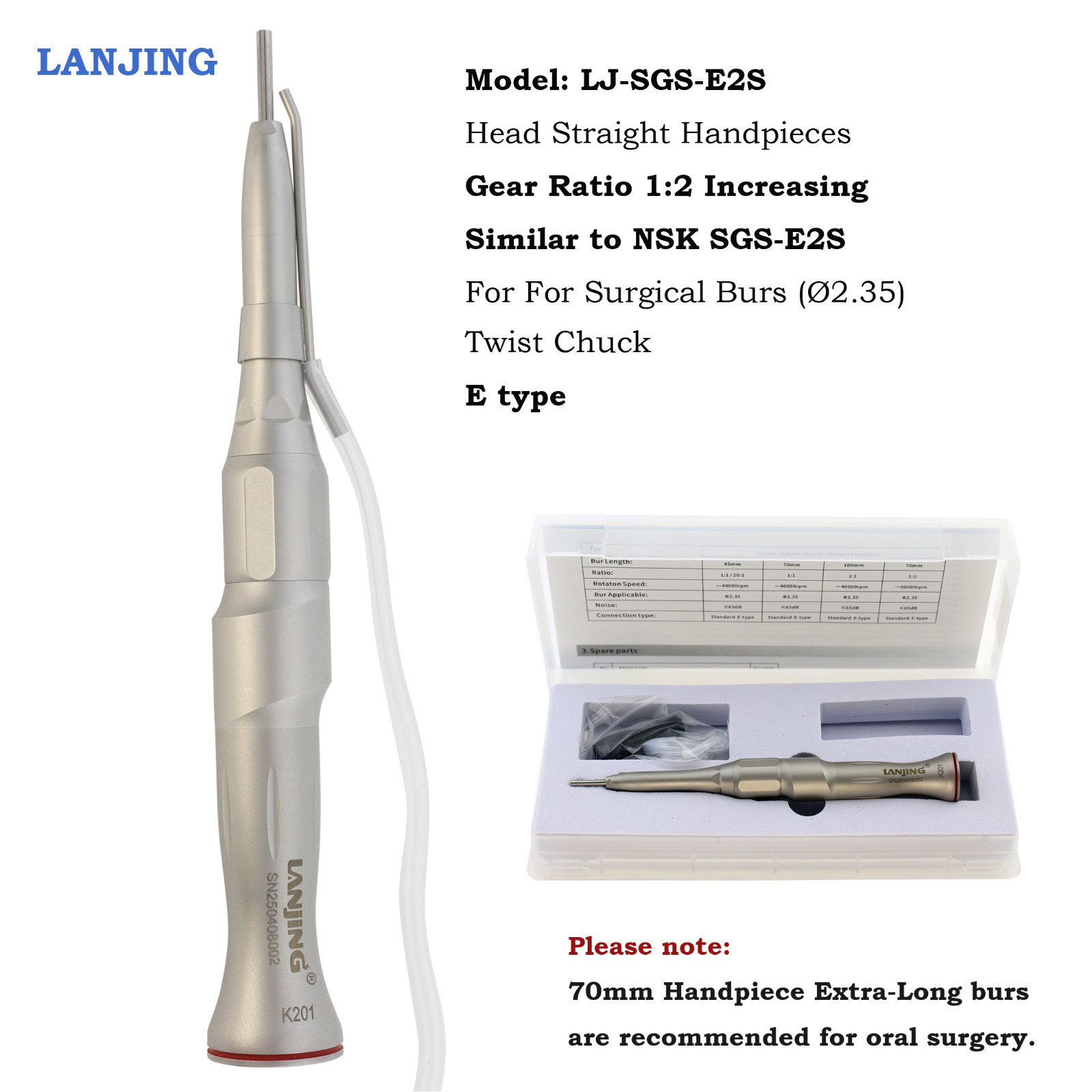 Dental 1:2 Surgical Straight Handpiece NSK SGS-E2S E type Attachment ENT Neuro