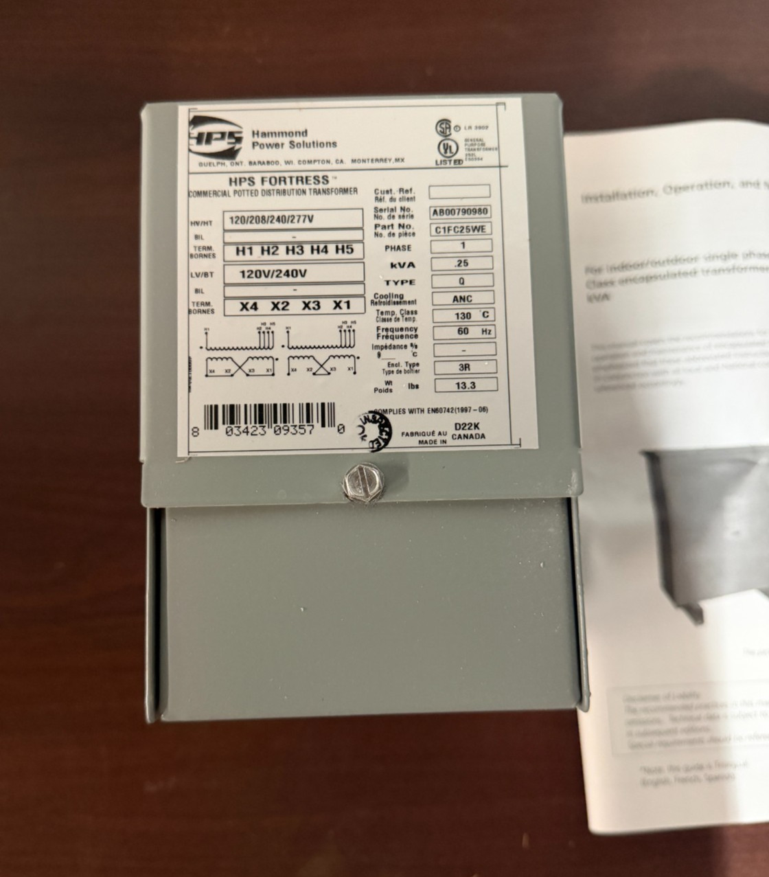 HPS C1FC25WE .25 KVA 1PH 60HZ 120/208/240/277V X 120/240V TRANSFORMER