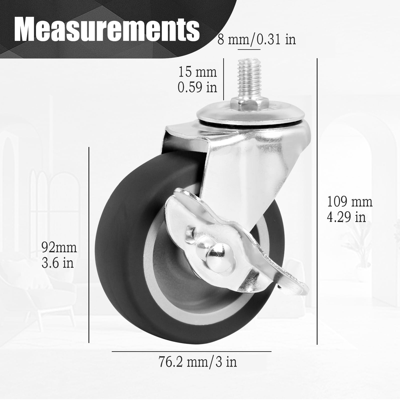 Caster Wheels, 3 Inch Stem Casters Set of 4, Heavy Duty Swivel Wheel with Bra…