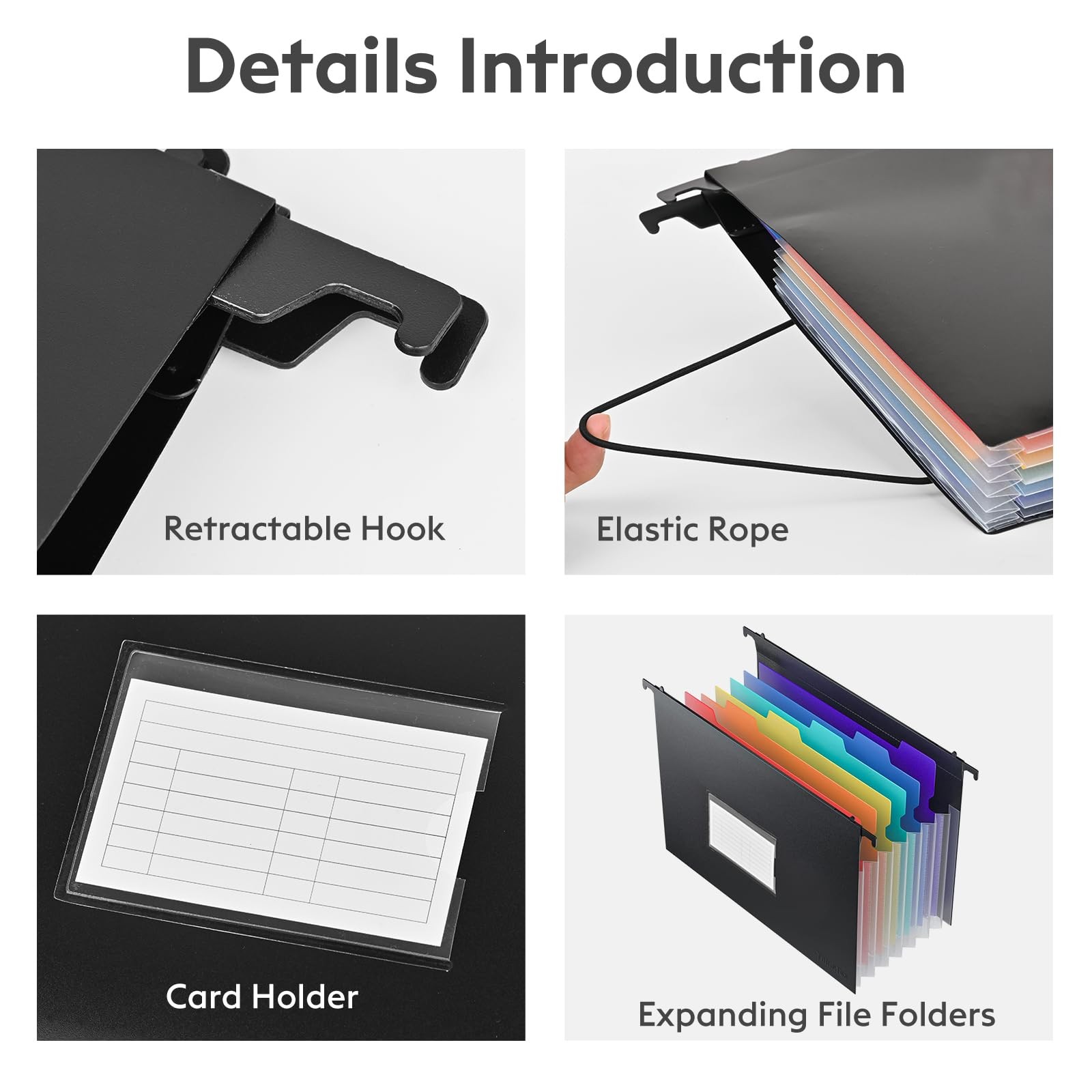 7 Pockets Expanding Hanging File Folders with Elastic 13 x 10.6 inches, Black