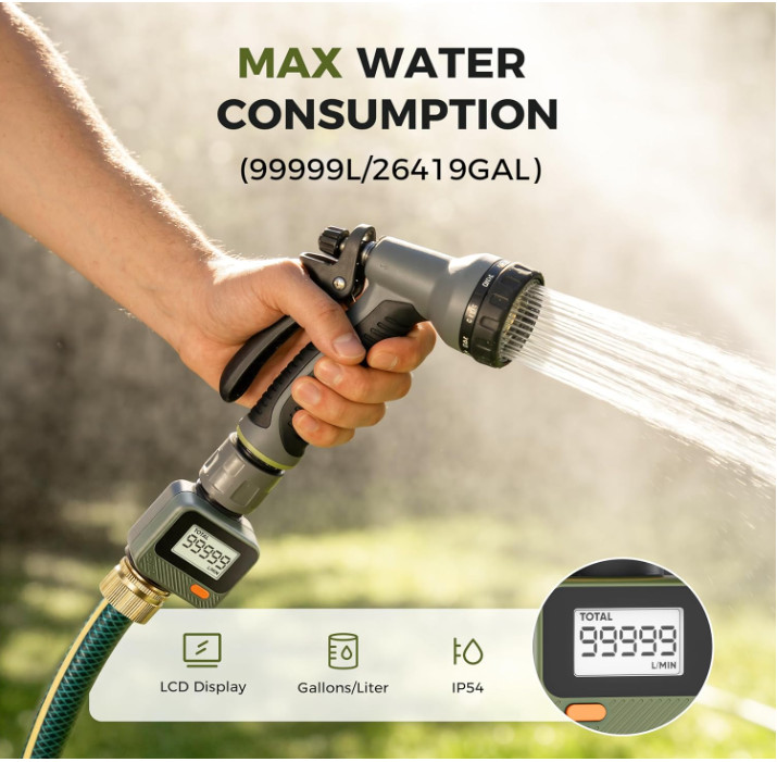Medidor de Flujo Agua IP54 con Pantalla 180° para Jardín y RV. Nuevo