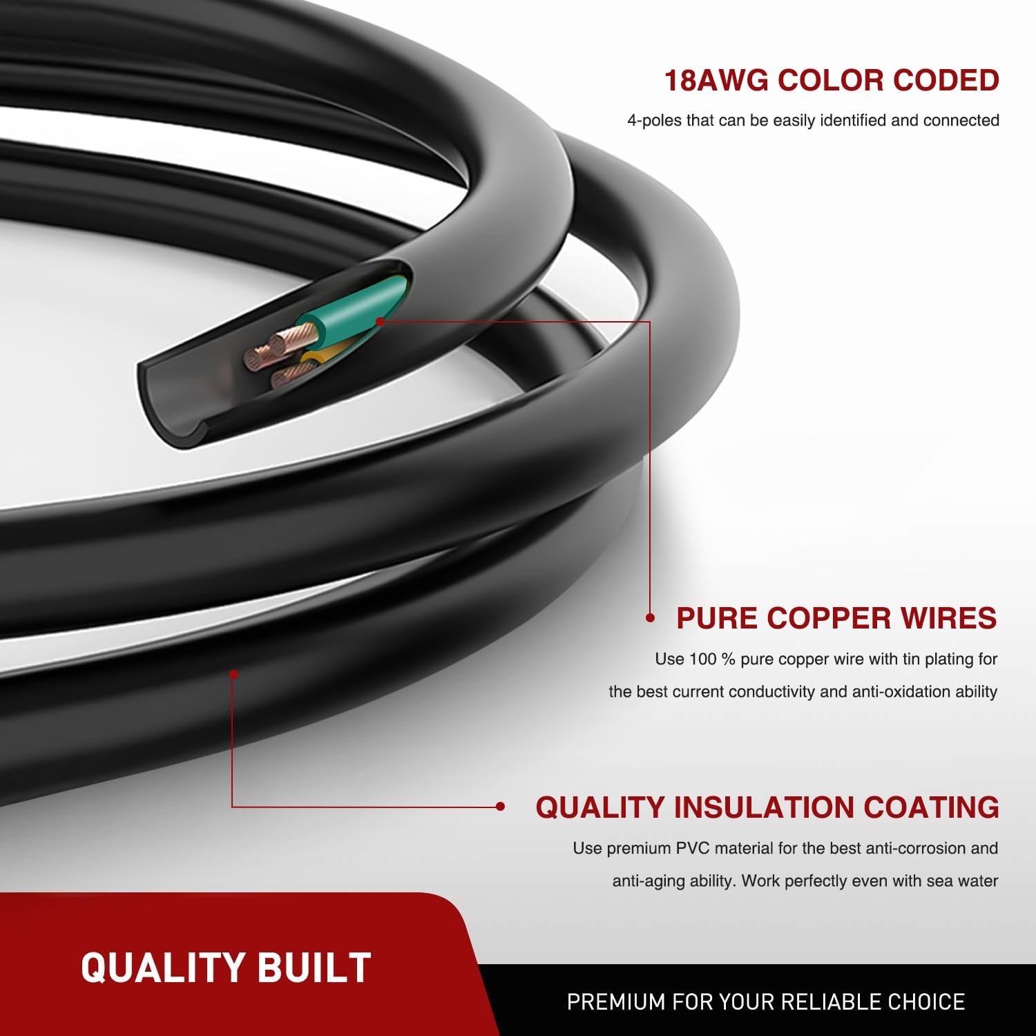 4 Way Trailer Connector End Plug 10Ft Cable 18AWG Heavy Duty 4 Pin Wiring