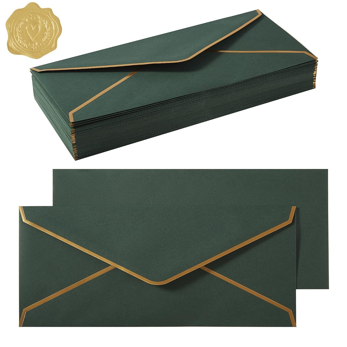 100 Pack #10 Business Envelopes with Gold Stickers, Dark Green