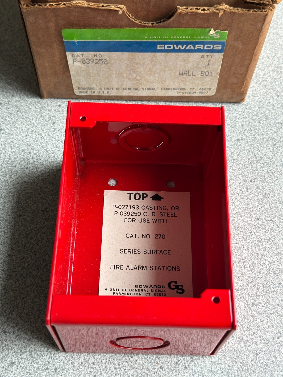NEW Edwards P-039250 Steel Wall Box for Surface Mounting Fire Pull Stations RED