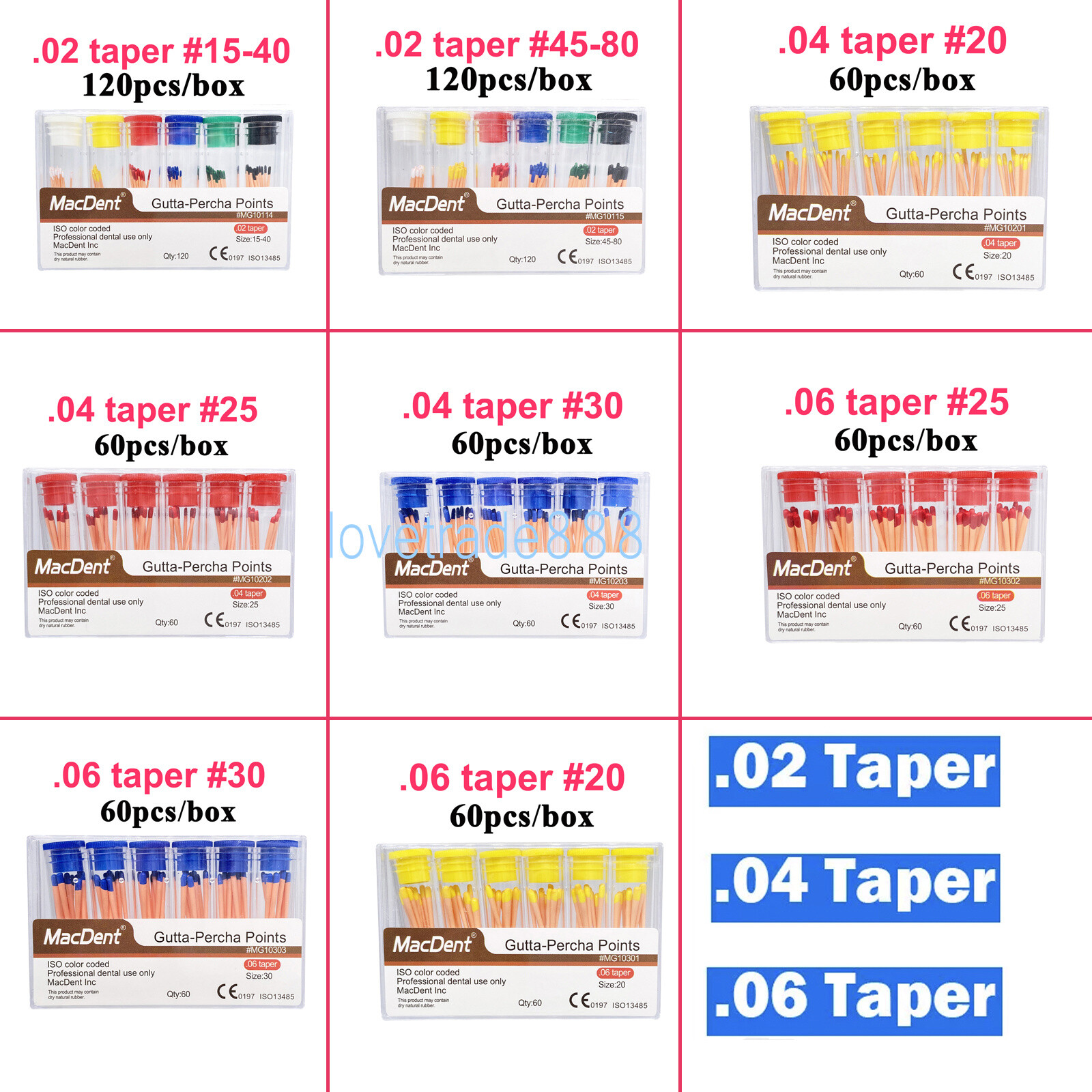 60/120pcs Dental Gutta Percha Points Full Taper 0.02/0.04/0.06 Size 15-40 45-80