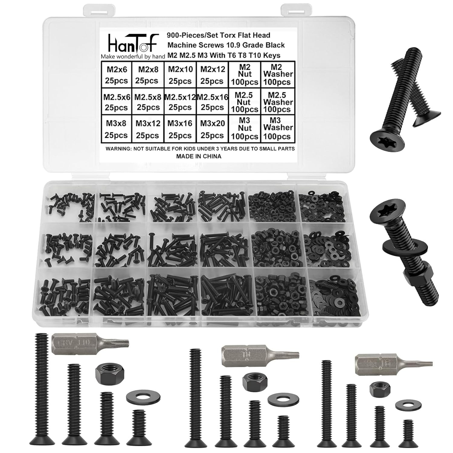 900 Pcs Torx Countersunk Screws, M2 M2.5 M3 Bolts and Nuts Washers Set, Star Dri