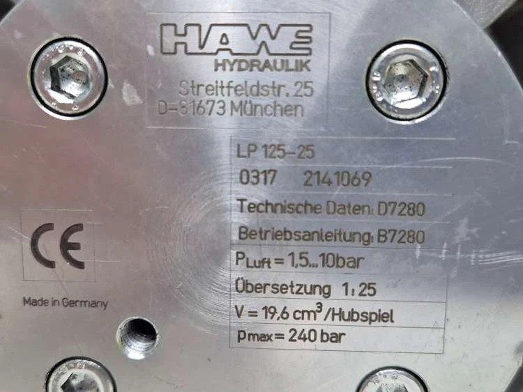 Hawe Hydraulik LP125-25 Air Driven Hydraulic Pumps 240bar
