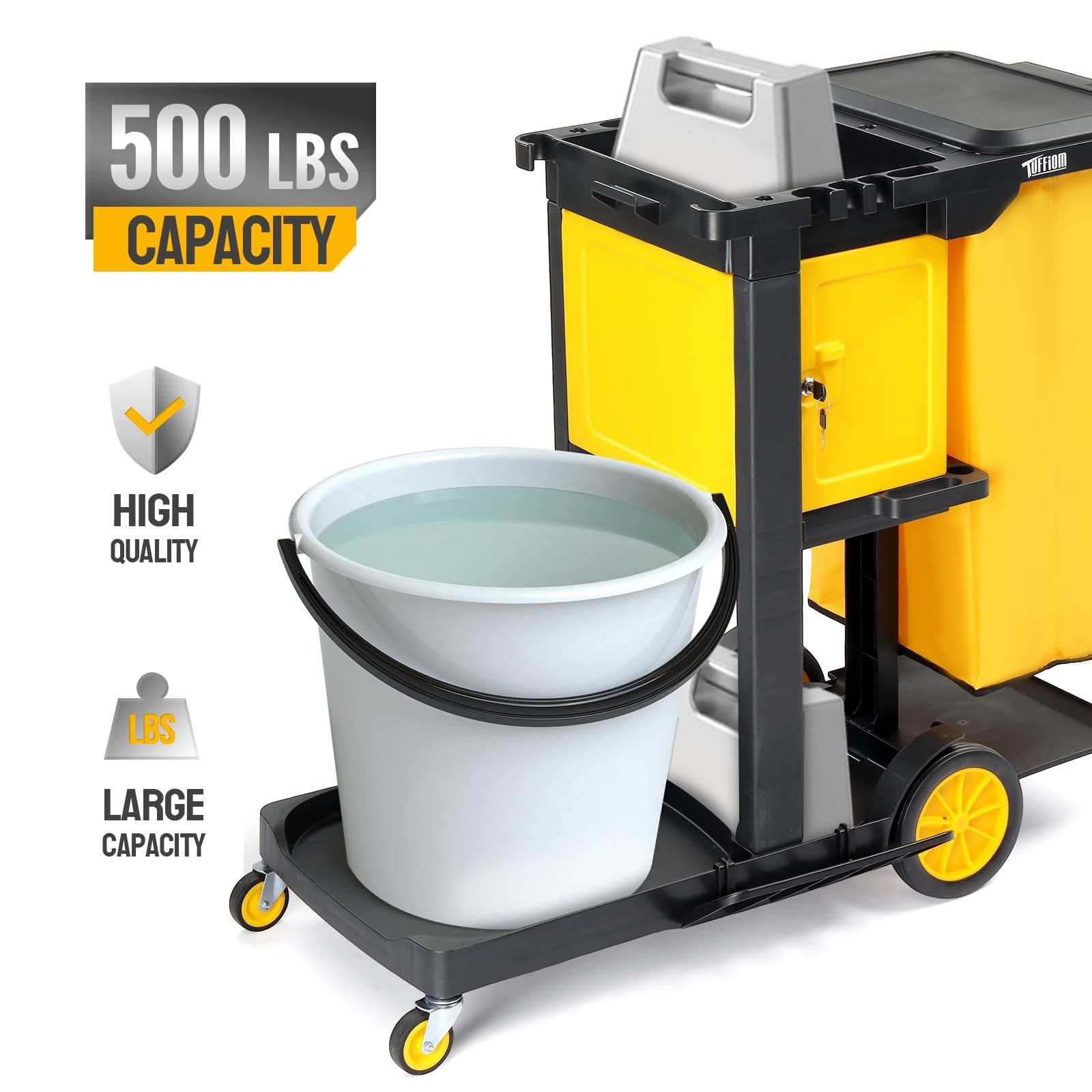 TUFFIOM 3-Shelf Janitorial Cart with Key-Locking Cabinet, Black/Yellow Vinyl Bag