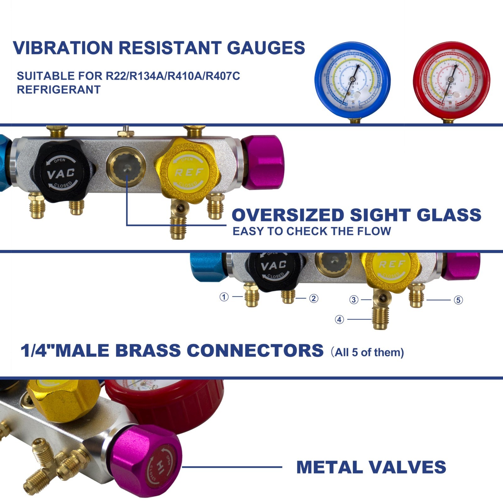 4 Way AC Manifold Gauge Set with 5FT Hoses, R134A R410A R22 Refrigerant Kit
