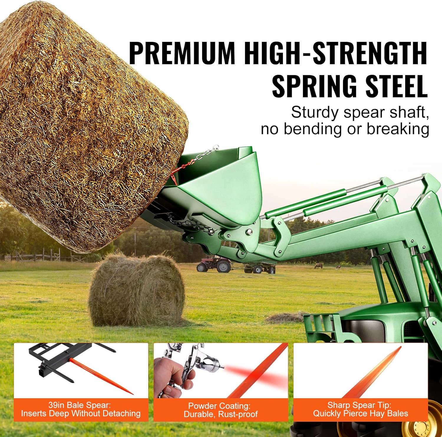 39″ Hay Spear, Bale Spears 1600Lbs Loading Capacity, Skid Steer Loader Tractor B