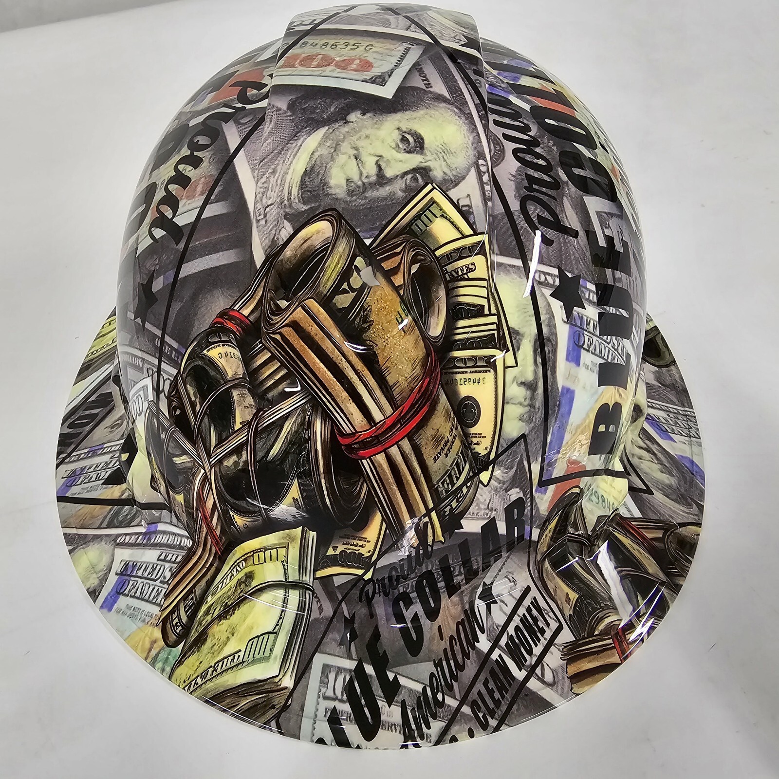 full brim hard hat custom hydro dipped IN BLUE COLLAR DIRTY HANDS CLEAN MONEY
