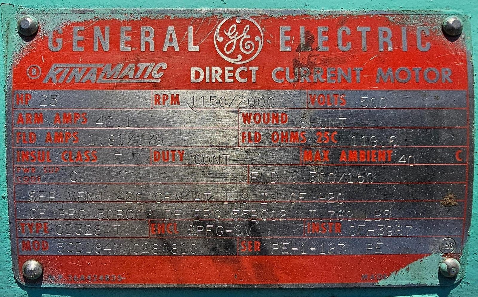 25 Hp GE Kinamatic DC Motor 5CD184NA028A810 500 Volt 1150/2000 RPM