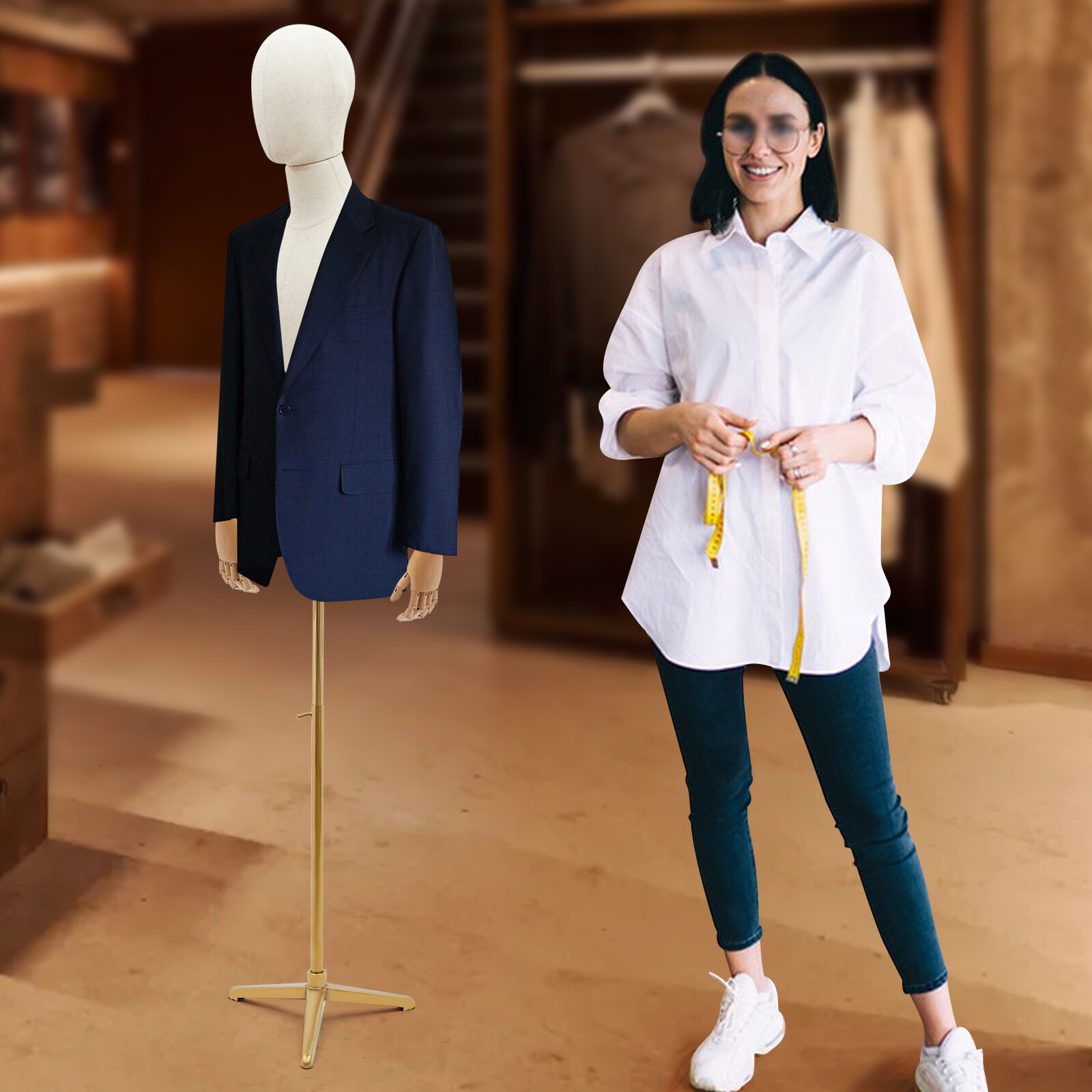 Half Body Mannequin Display Male Dress Form Adjustable Height Head & Hand Turn