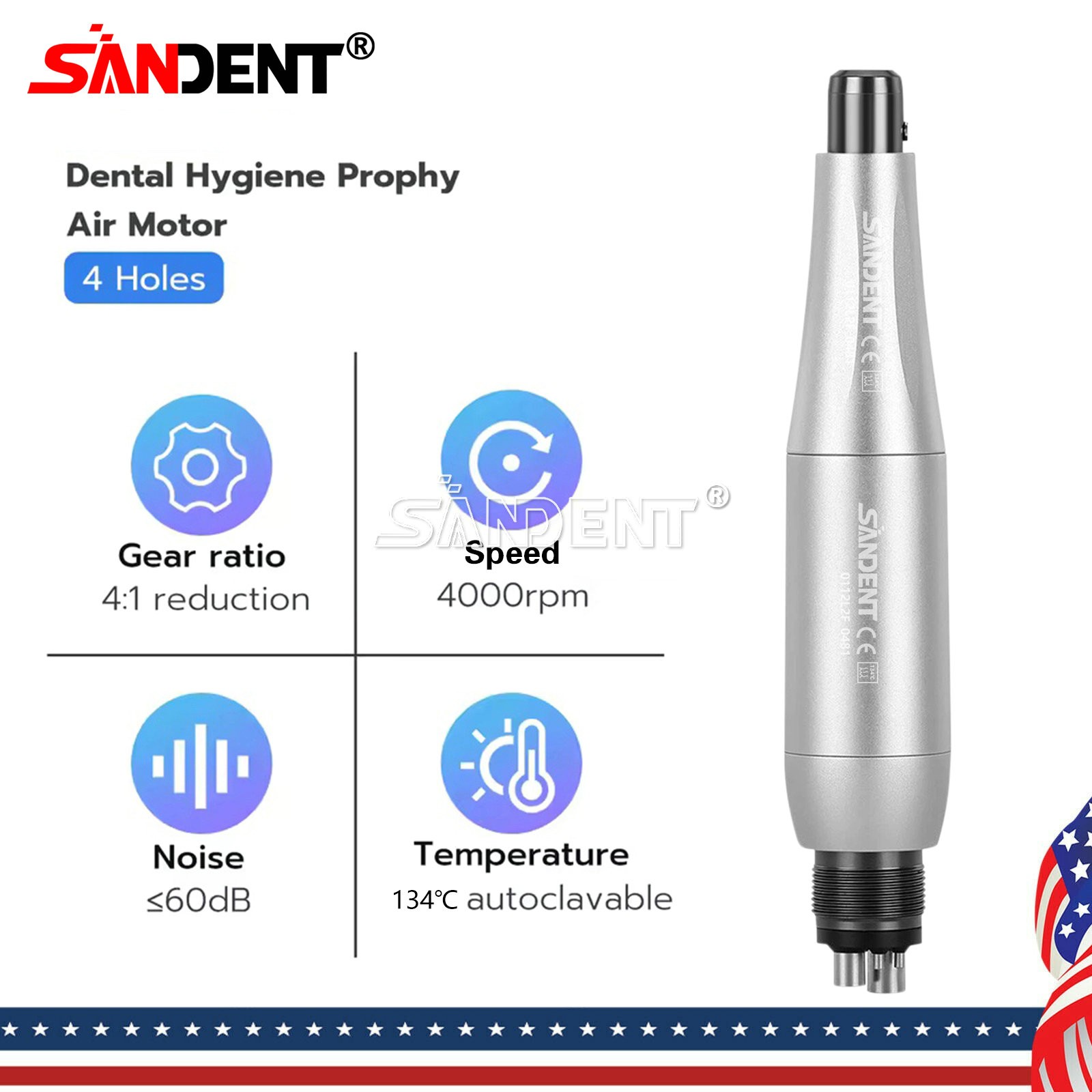 Dental 4:1 Hygiene Prophy Handpiece 360° Swivel Straight Cone Air Motor 4Holes