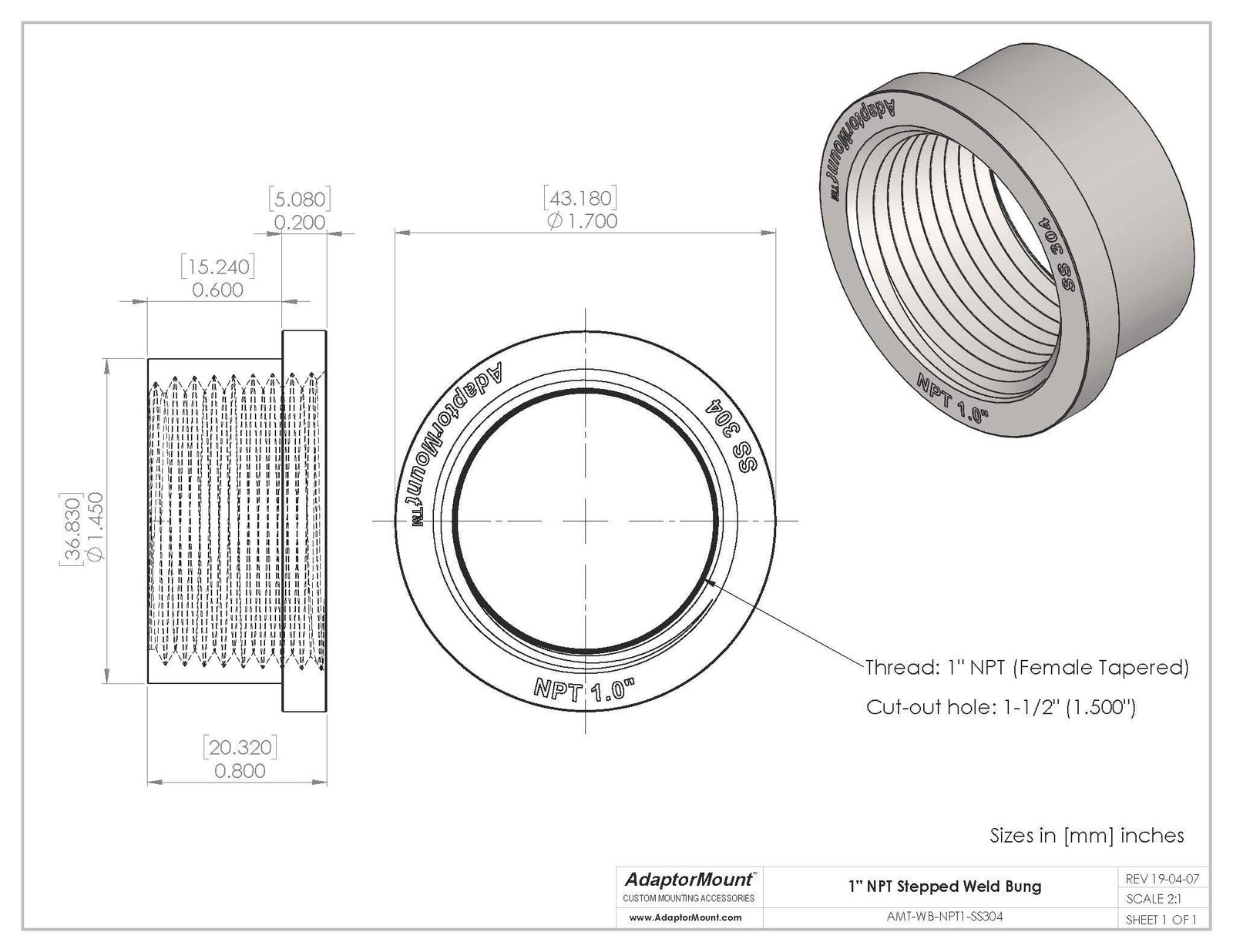 Stainless Steel 304 1 Inch NPT Female Threaded Stepped Weld Bung Mount Fitting