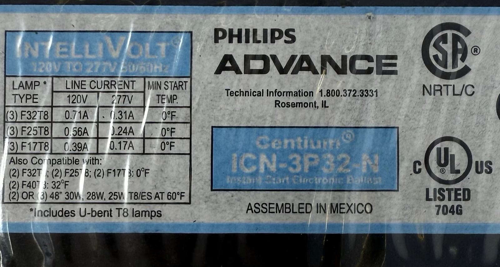 x10 ICN-3P32-N PHILIPS ADVANCE CENTRIUM IntelliVolt 120V-277V Electronic Ballast