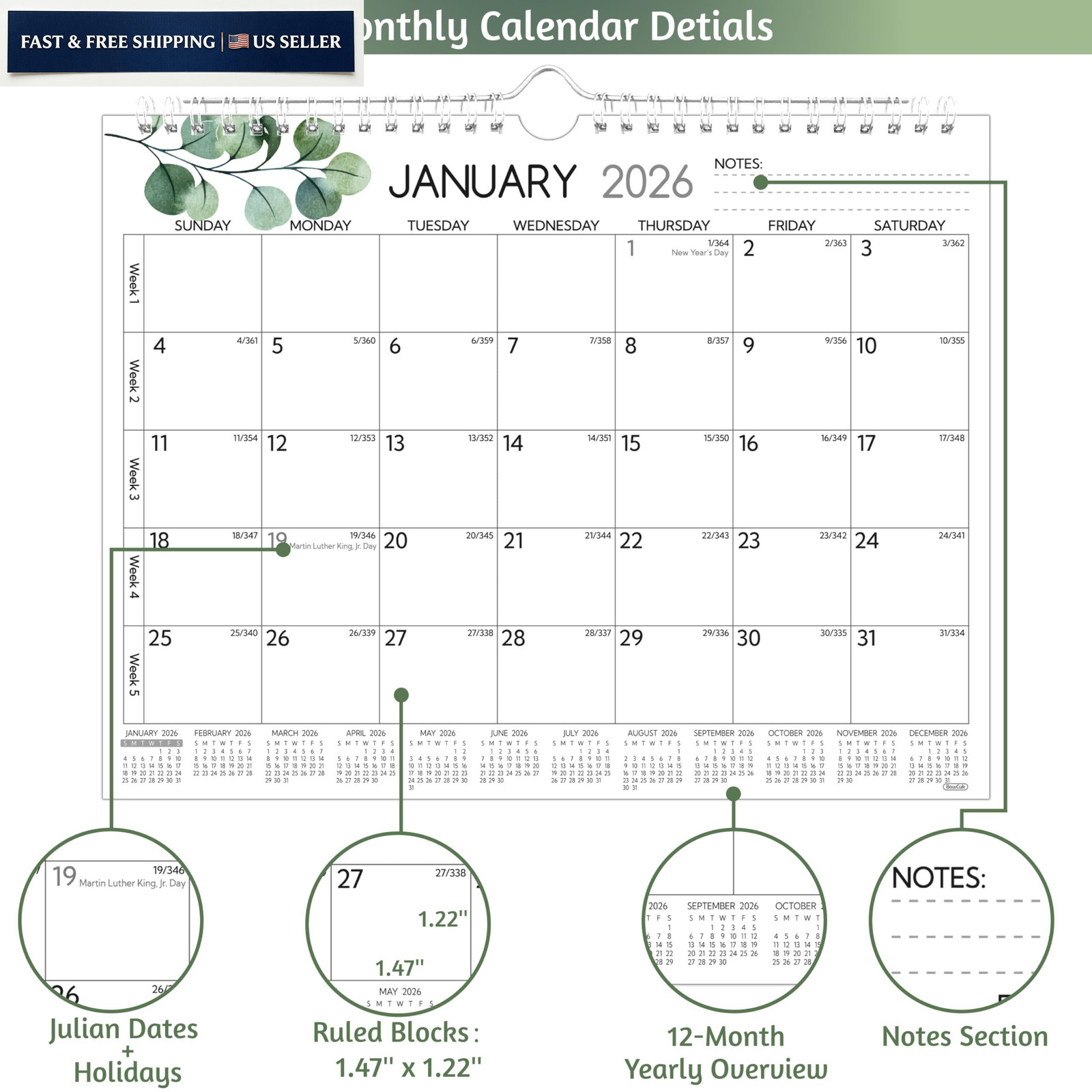 Wall Calendar 2026-2027 – Run Now to Jun 2027, 18 Monthly Calendar…