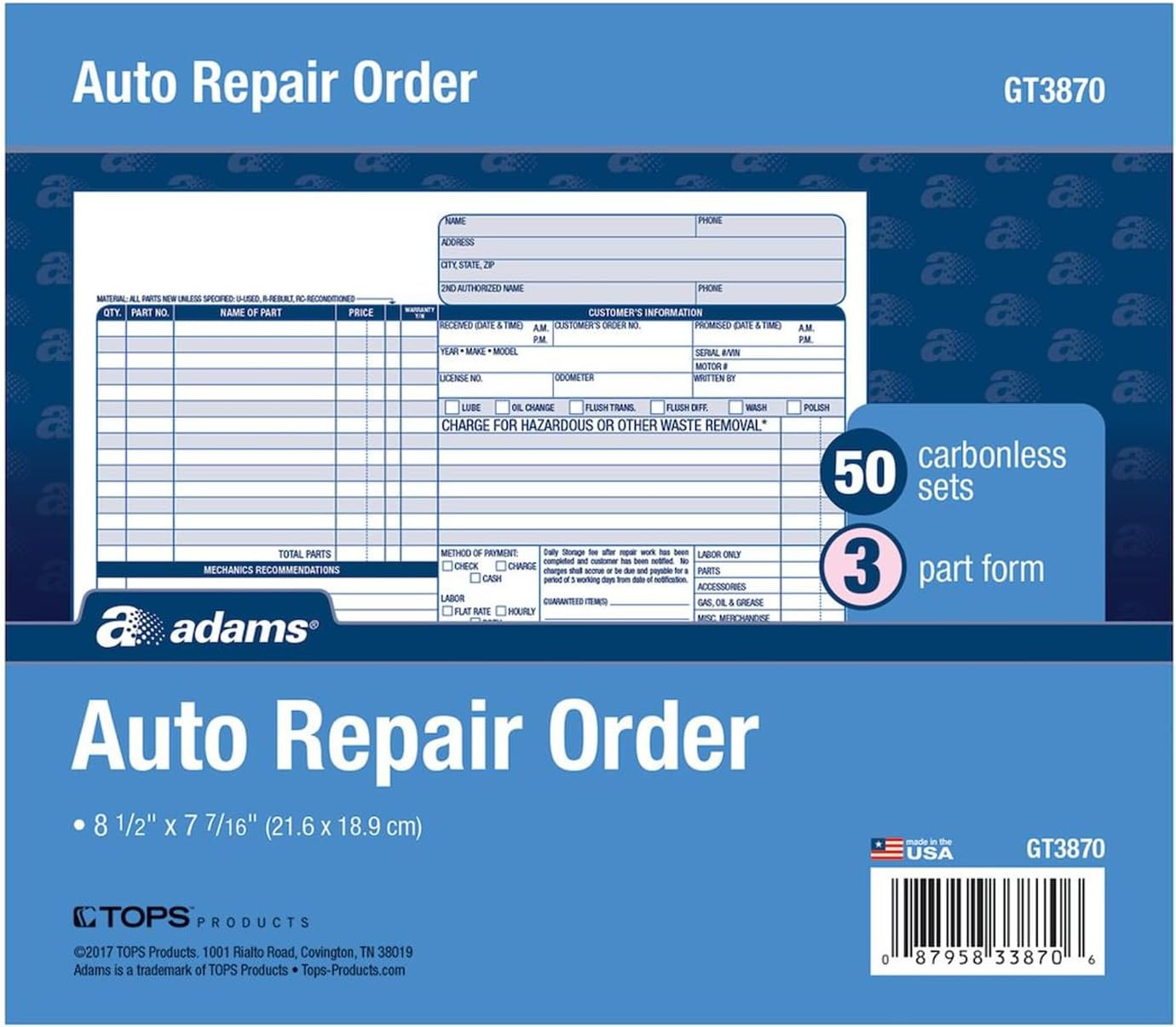 Adams Auto Repair Order Forms, 8.5 X 7.44 Inch, 3-Part, Carbonless, 50-Pack, Whi