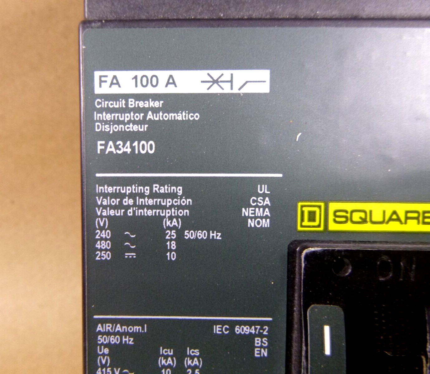 New Square D FA34100, I-Line Plug-In Molded Case Circuit Breaker 100A 3P 480V