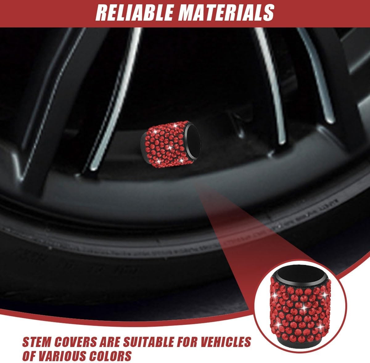 4PCS Handmade Bling Crystal Diamond Tire Valve Caps, Shinny Rhinest Color: Red