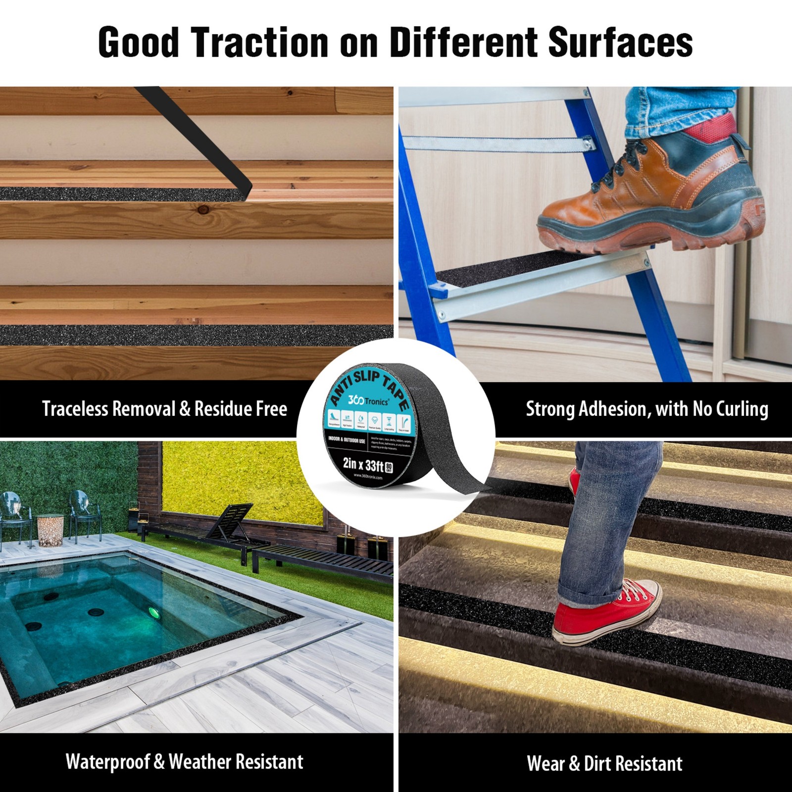 2inx33ft Black Anti Slip Tape, Best 80grit Friction, Grip, Abrasive for Stairs