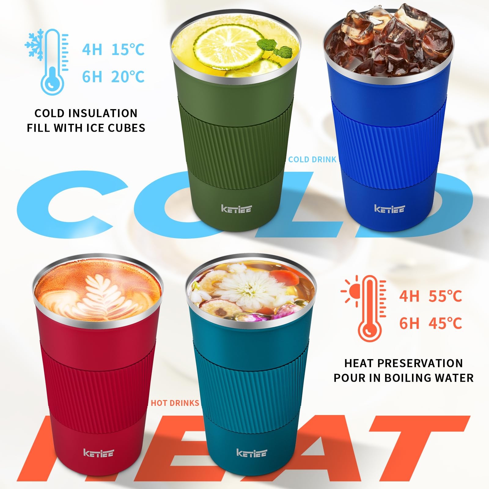 KETIEE Travel Coffee Mug 12oz: Insulated Cup 12.8 Ounces, G1-Blue-A