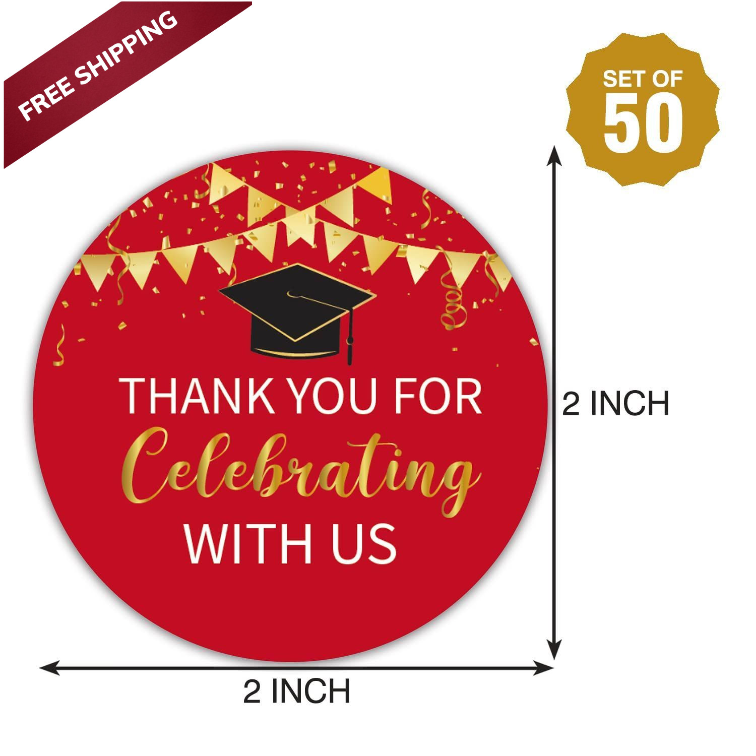 2″ Red and Gold Graduation Thank You Stickers, 50 2 inch,