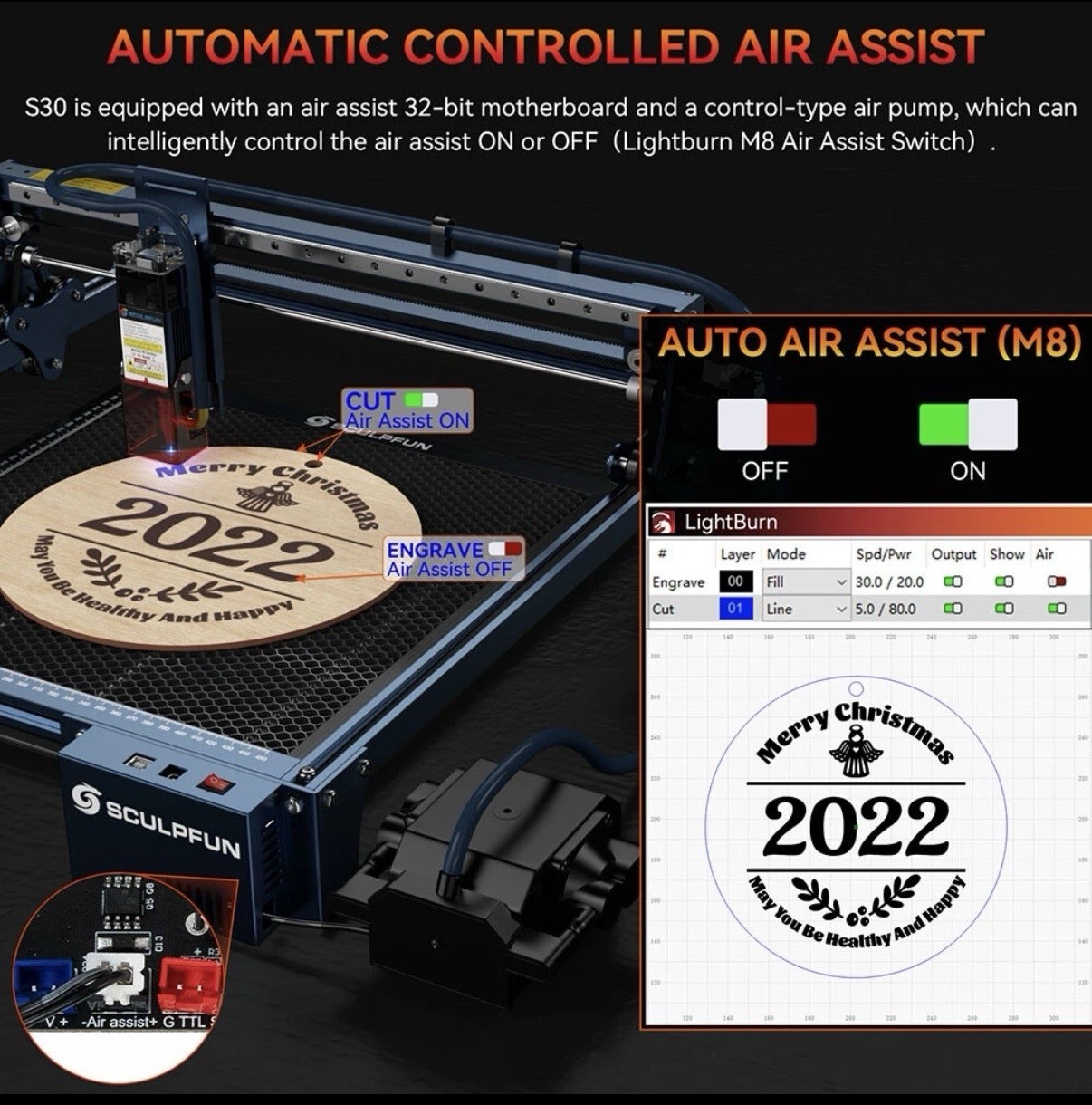 SCULPFUN S30 5W Laser Engraving Cutting Machine w/ Auto Air-assist Kit