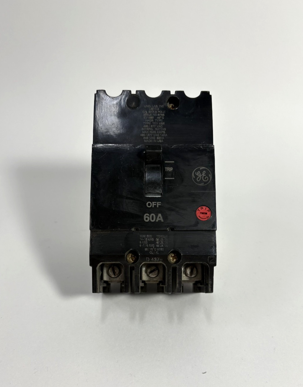 General Electric TEY360 Type TEY MO2 3 Pole 60A 480V Molded Case Circuit Breaker