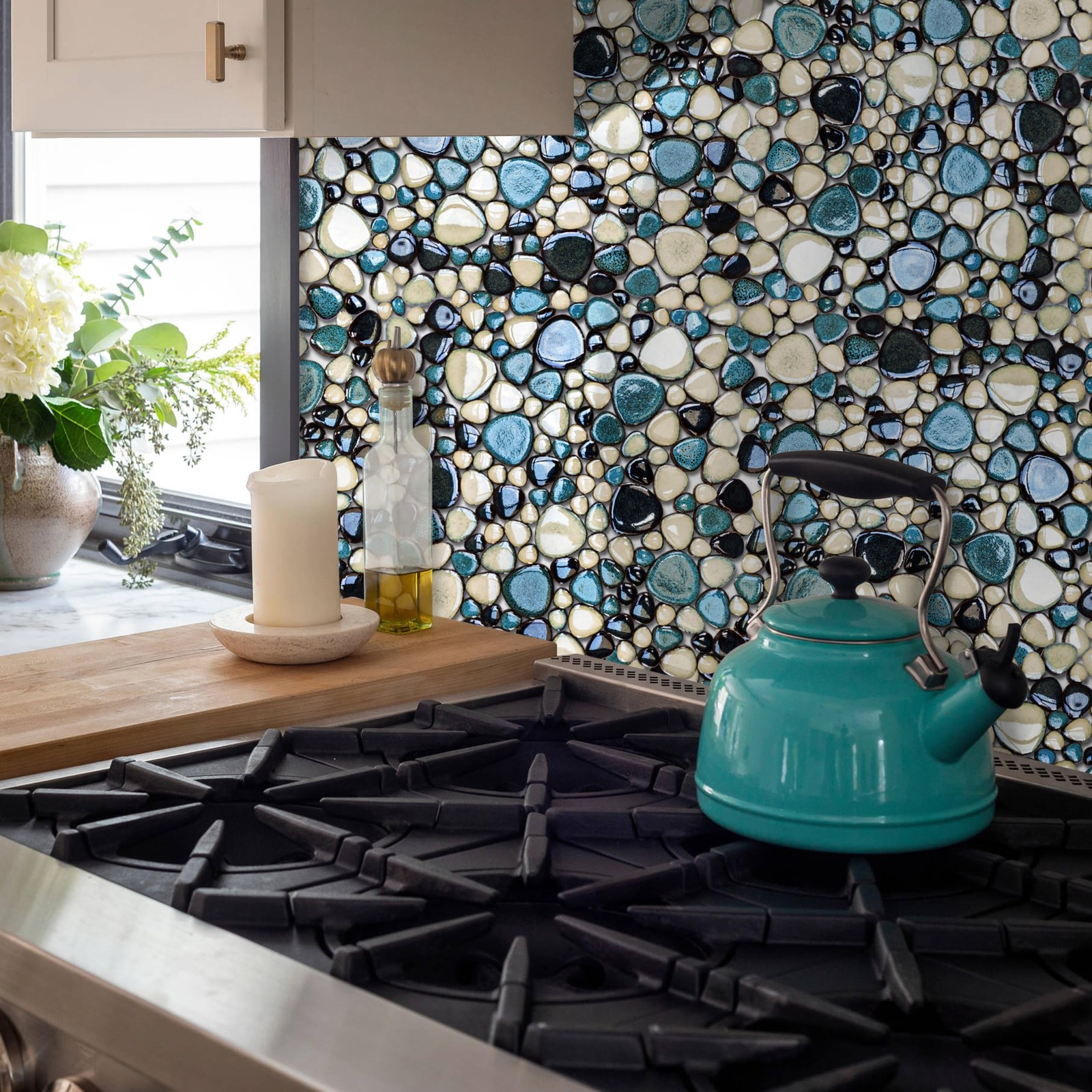 Primoon Pebble Tiles 5 Sheets Aqua Teal Blue Mosaic Tiles For Accent Wall