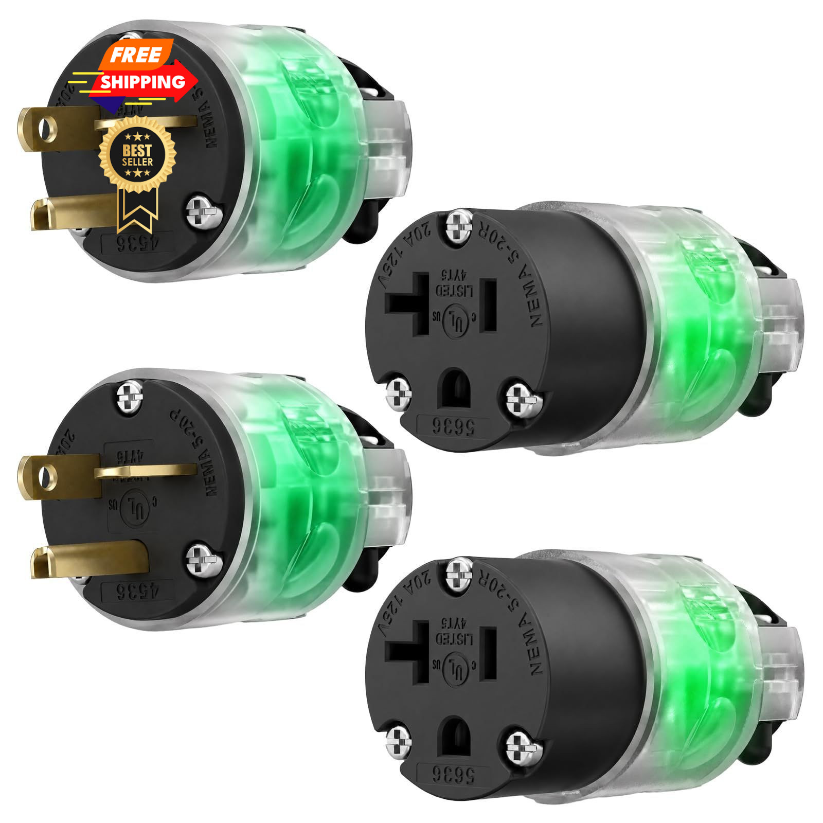 EPLESFTON 2 Set Lighted Cord End Replacement 20A 125V NEMA 2, Yellow