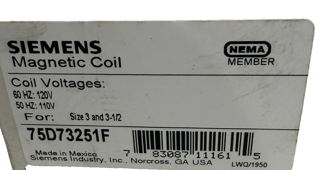 NEW SIEMENS 75D73251F MAGNETIC COIL 110V 50HZ