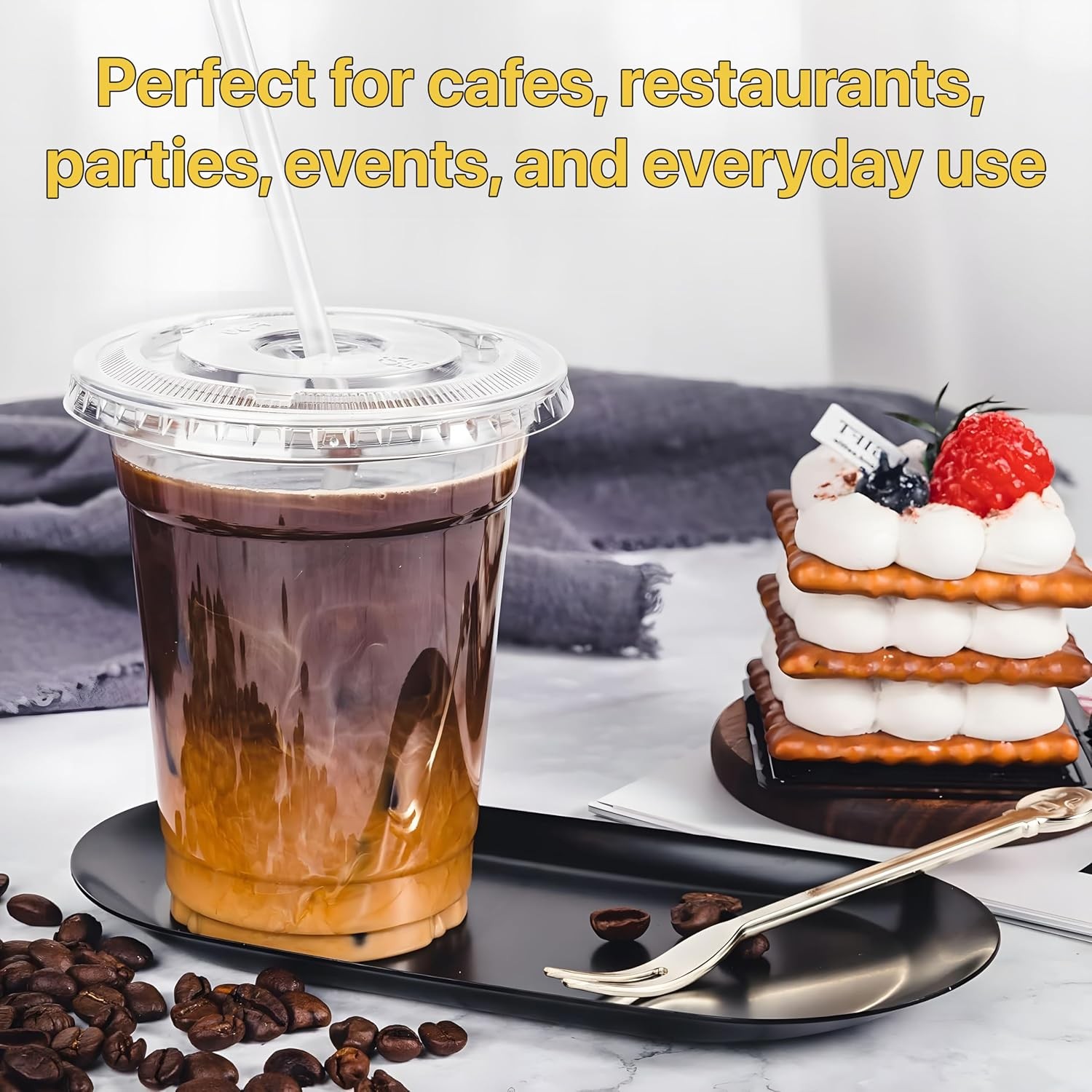 Plastic Clear Cups [12 oz] with Lids and Straws [10 Set] Disposable Cold